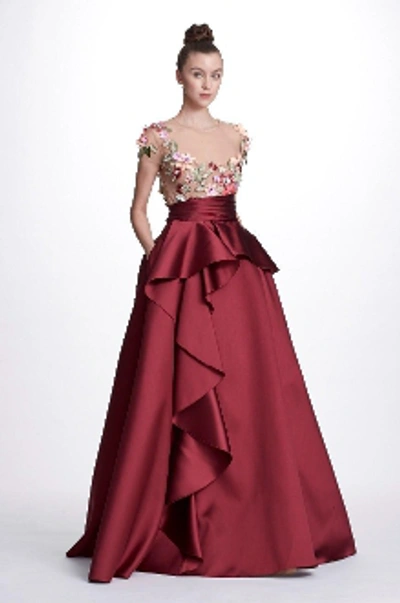 Shop Marchesa Notte Green 3d Floral Embroidered Mikado Ball Gown N23g0597 In Berry