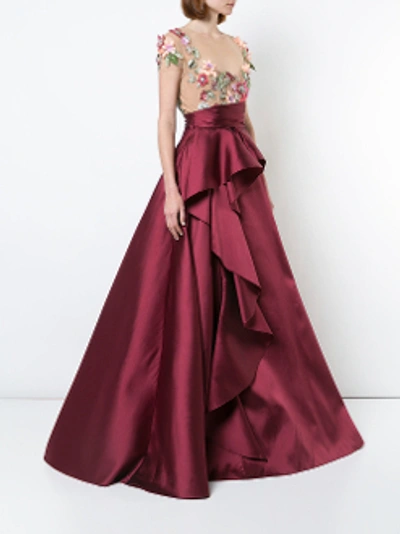 Shop Marchesa Notte Green 3d Floral Embroidered Mikado Ball Gown N23g0597 In Berry