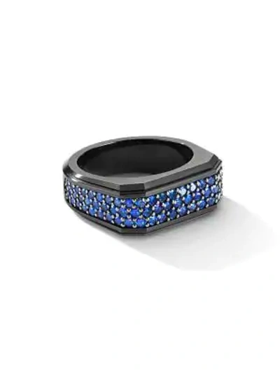 Shop David Yurman Men's The Pavé Roman Signet Black Titanium-plated Sterling Silver & Blue Sapphire Ring