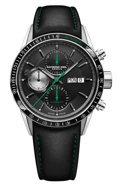 Shop Raymond Weil Freelancer Chronograph Automatic Leather Strap Watch, 42mm In Black/ Silver