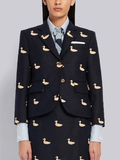 Shop Thom Browne Navy Shetland Wool Duck Embroidered Narrow Shoulder Jacket In Blue
