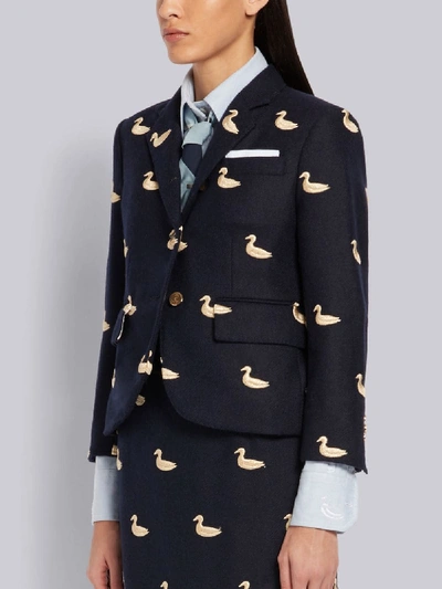 Shop Thom Browne Navy Shetland Wool Duck Embroidered Narrow Shoulder Jacket In Blue