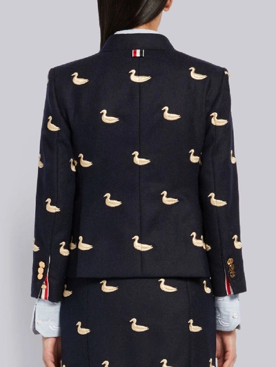 Shop Thom Browne Navy Shetland Wool Duck Embroidered Narrow Shoulder Jacket In Blue