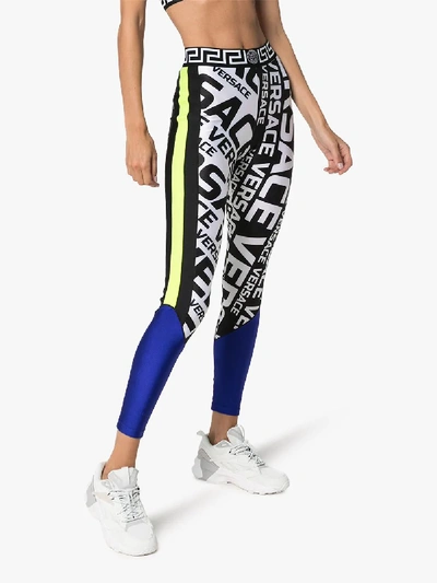 Shop Versace Logo Print Colour Block Leggings In Multicolour