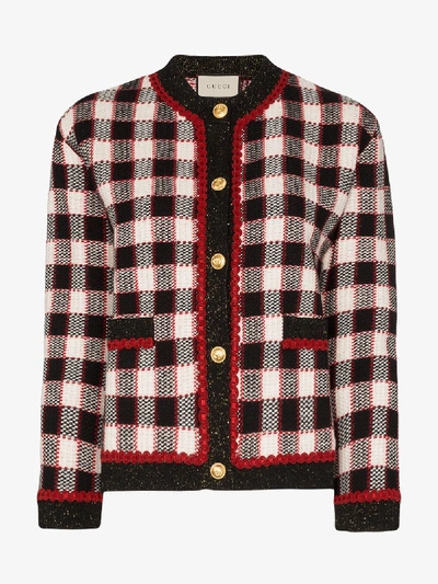 Shop Gucci Contrast Trim Check Wool Cardigan In Multicolour