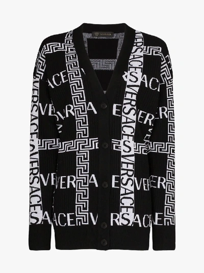 Shop Versace Greca Logo Intarsia Cardigan In Black