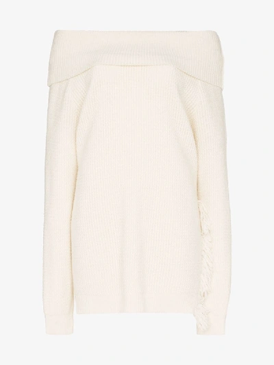 Shop Stella Mccartney Off- The-shoulder Fringe Sweater In White