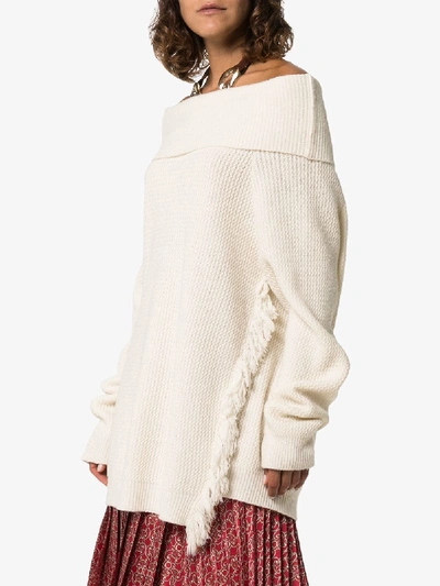 Shop Stella Mccartney Off- The-shoulder Fringe Sweater In White