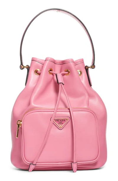 Shop Prada Leather Bucket Bag - Pink In Begonia