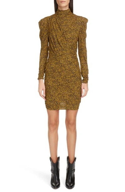 Shop Isabel Marant Animal Print Ruched Puff Shoulder Long Sleeve Minidress In Fauve