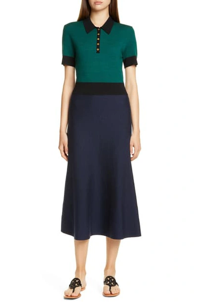 Shop Tory Burch Colorblock Sweater Dress In Malachite