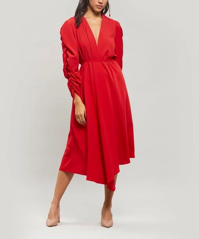 Shop A.w.a.k.e. Gathered-sleeve Asymmetric Wrap Dress In Red