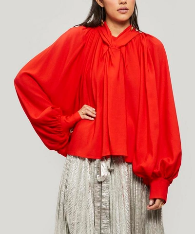 Shop A.w.a.k.e. High-neck Balloon-sleeve Crepe Blouse In Red