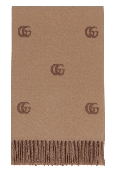 Shop Gucci All Over Logo Wool Scarf In Brown