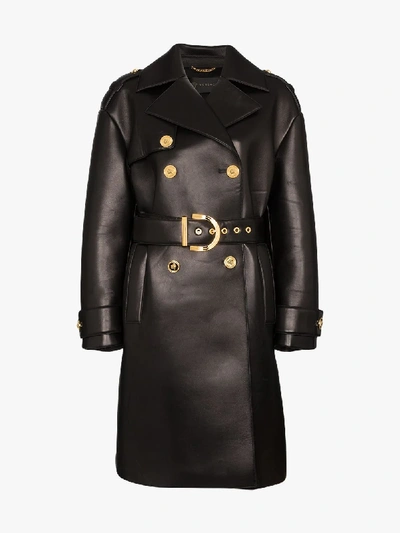 Shop Versace Lambskin Leather Trench Coat In Black