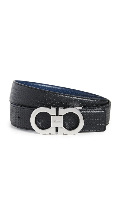 Shop Ferragamo Adjustable And Reversible Gancini Belt In Black/blue
