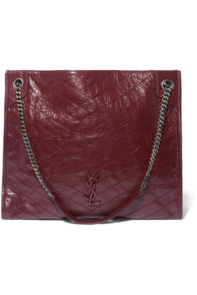 Shop Saint Laurent Niki Large Quilted Crinkled Glossed-leather Tote In Burgundy
