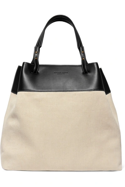 Shop Bottega Veneta Large Leather-trimmed Linen Tote In Beige