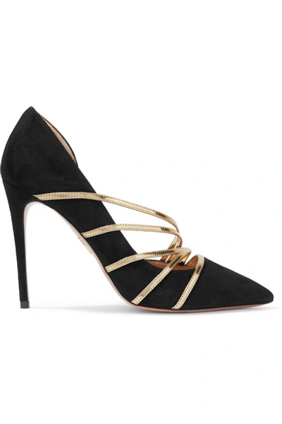 Shop Aquazzura Minou 105 Metallic Leather-trimmed Suede Pumps In Black