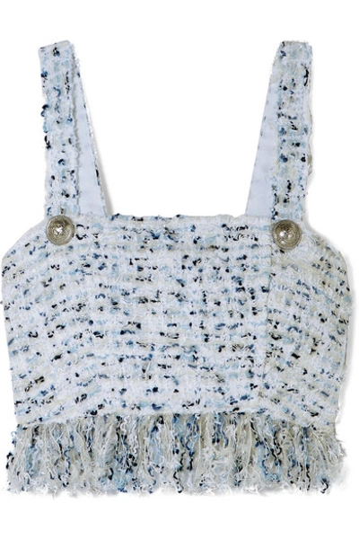 Shop Balmain Cropped Fringed Metallic Tweed Top In Light Blue