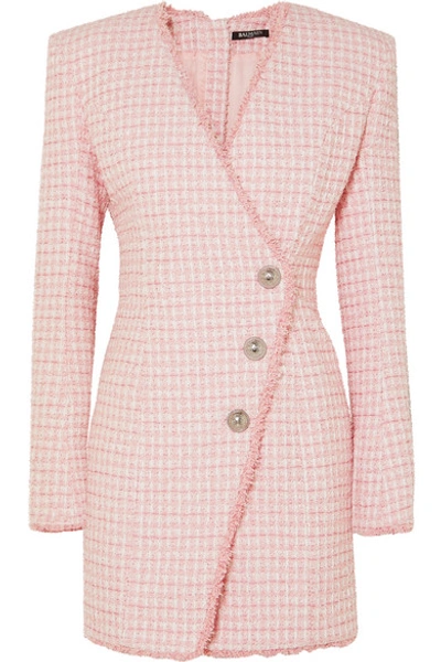 Shop Balmain Wrap-effect Button-embellished Tweed Mini Dress In Pink