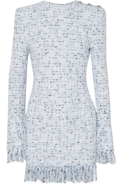 Shop Balmain Button-embellished Fringed Metallic Tweed Mini Dress In Blue