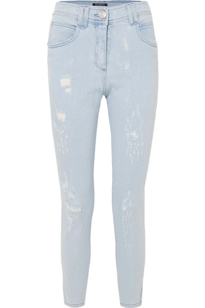 Shop Balmain Distressed Mid-rise Skinny Jeans In Blue