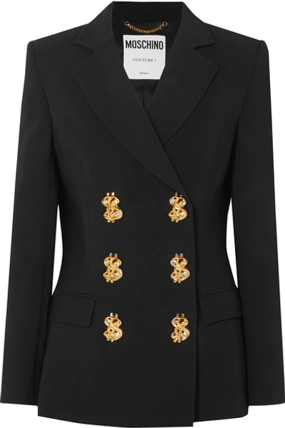 Shop Moschino Double-breasted Embellished Crepe Blazer In Black