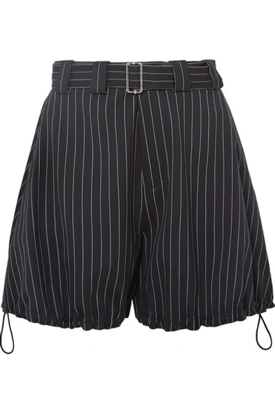 Shop Jw Anderson Striped Belted Wool-blend Shorts In Navy