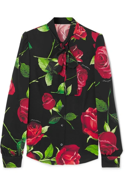 Shop Dolce & Gabbana Pussy-bow Floral-print Silk-blend Blouse In Black