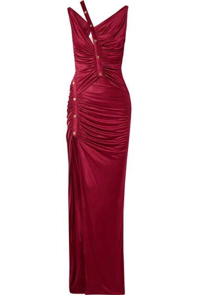 Shop Versace Cutout Button-detailed Ruched Satin Gown In Burgundy