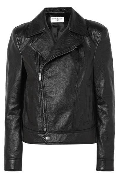 Shop Saint Laurent Cropped Textured-leather Biker Jacket In Black