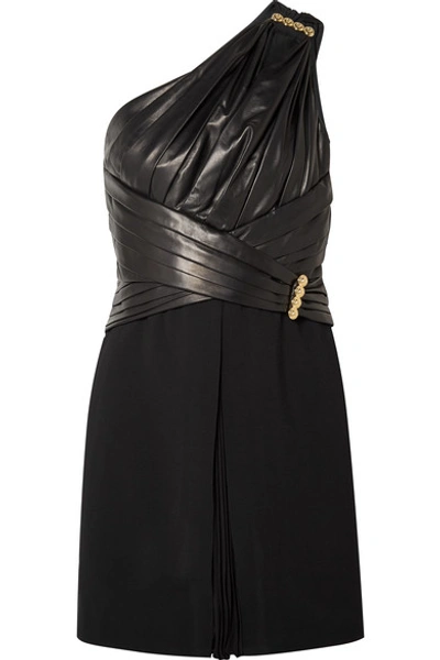 Shop Versace One-shoulder Gathered Leather, Crepe And Chiffon Mini Dress In Black