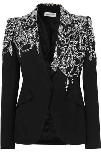 Shop Alexander Mcqueen Crystal-embellished Crepe Blazer In Black