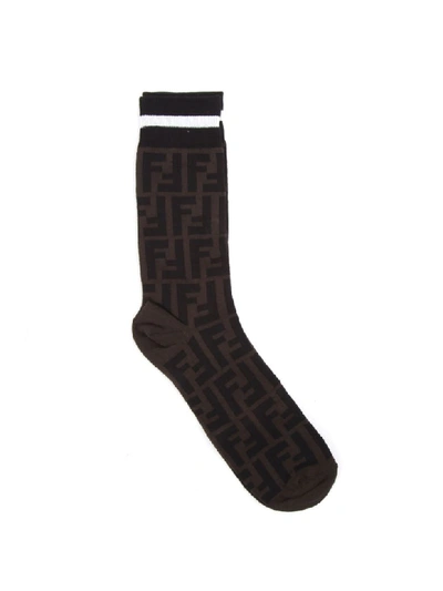 Shop Fendi Cotton Logo Socks In Black/tabacco