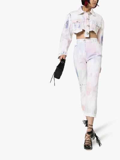 Shop Balmain Spray Paint Cropped Denim Jacket In White