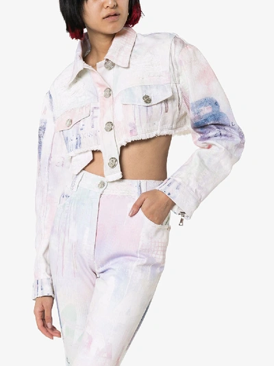 Shop Balmain Spray Paint Cropped Denim Jacket In White