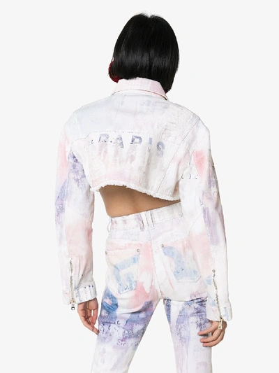 Shop Balmain Spray Paint Cropped Denim Jacket In White