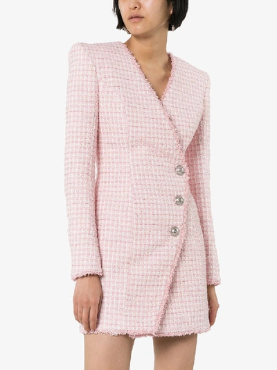 Shop Balmain Asymmetric Button Tweed Blazer Dress In Pink
