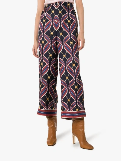 Shop Gucci High Waist Ribbon Hem Silk Trousers In Blue