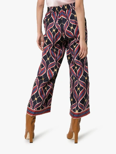 Shop Gucci High Waist Ribbon Hem Silk Trousers In Blue