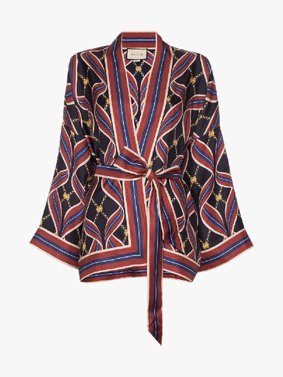 Shop Gucci Silk Tie Kimono Style Jacket In Blue