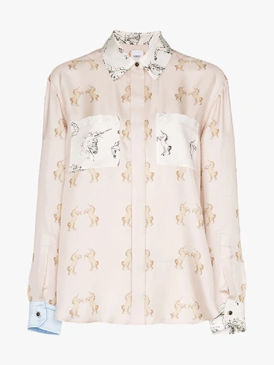 Shop Burberry Alexa Dancing Unicorn Print Silk Shirt In Pink