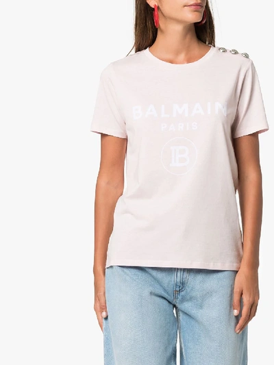 Shop Balmain Logo Print Cotton T-shirt In Pink