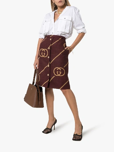 Shop Gucci Intarsia Logo Button-down Skirt In Red