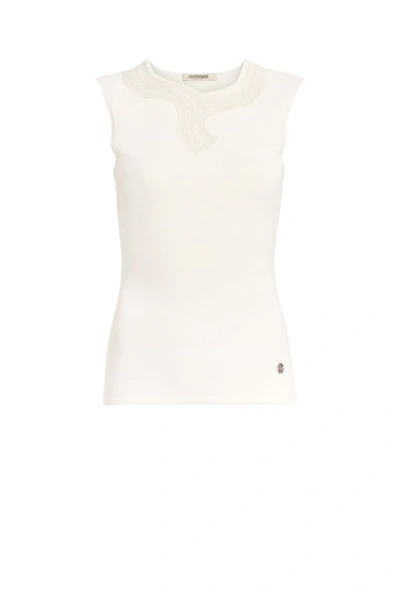 Shop Roberto Cavalli Knit Top With Snake Lace In White