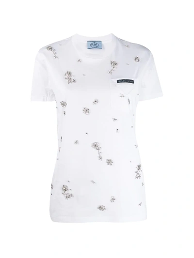 Shop Prada Flower Crystal Appliqué T-shirt In White