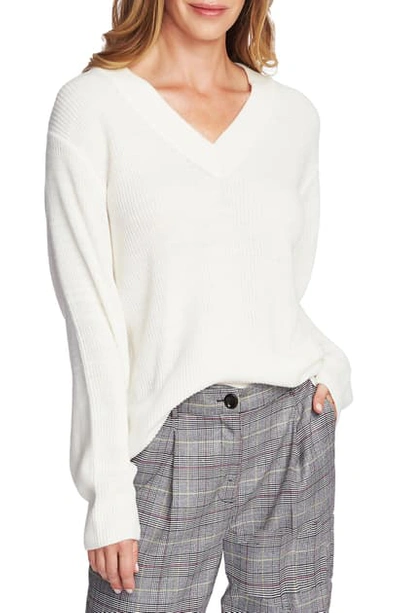 Shop Vince Camuto Ribbed V-neck Sweater In Antique White