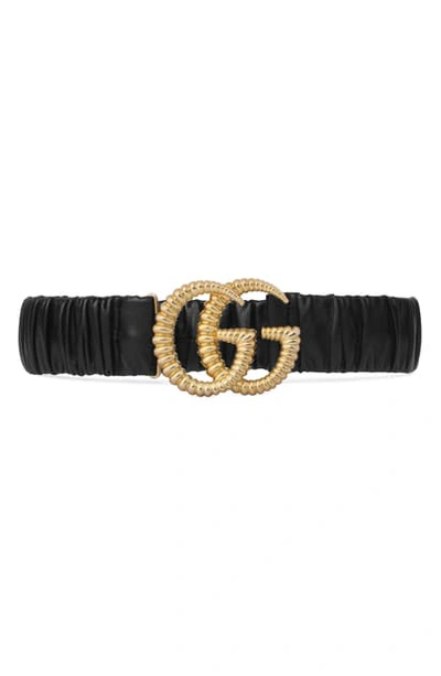 Shop Gucci Double-g Buckle Stretch Leather Belt In Nero