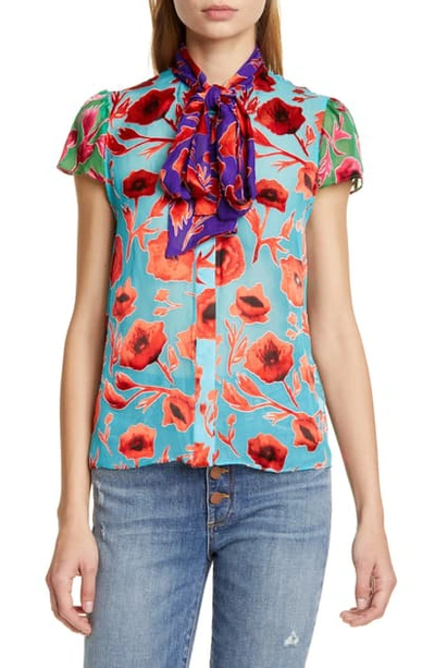 Shop Alice And Olivia Jeannie Bow Neck Floral Burnout Top In Poppy Garden Bluebird